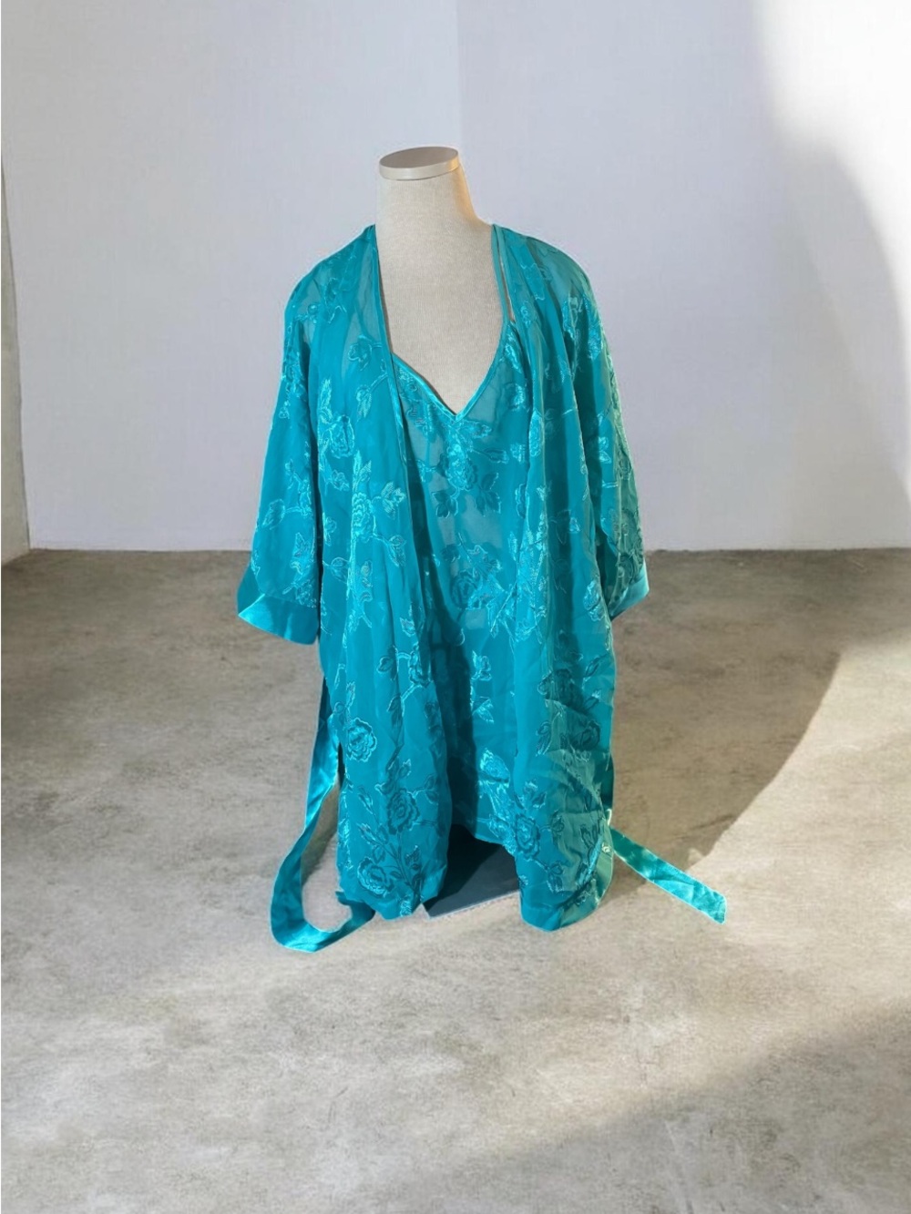 Teal Floral Satin Kimono Robe with Slip - Unbranded